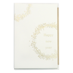 Holiday Greeting Cards - Gold Happy New Year Natural Wreath 